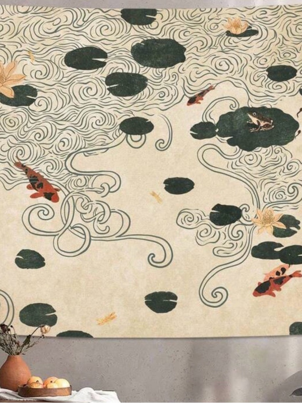 Koi Pond Wall Tapestry - Beige and Green